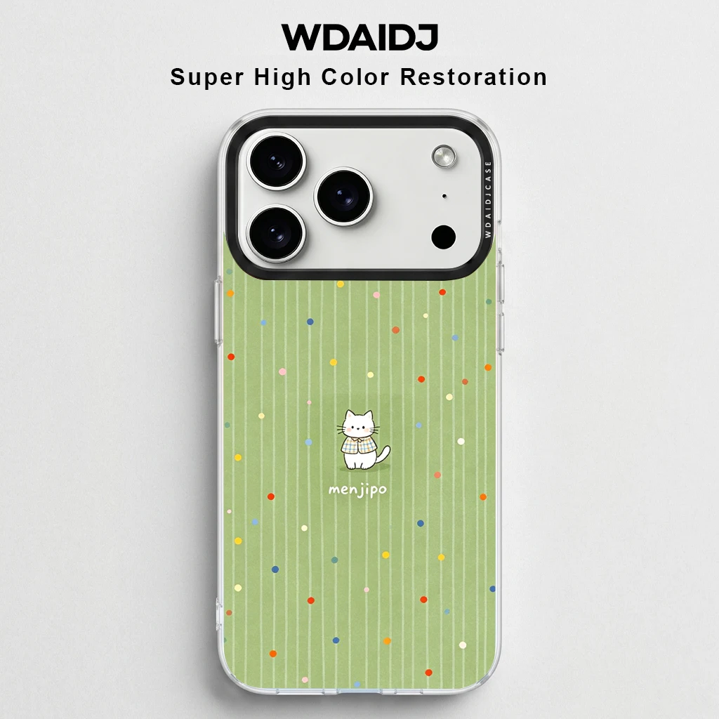 

Cute Cat Polka Dot Print Phone Case For iPhone 13 14 15 16 17 Anti Scratch Flexible Case With Green Stripes And Multicolor Dots