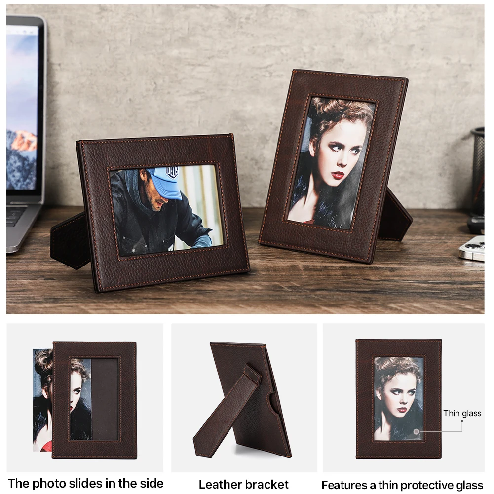 Vintage 5X7 Bingkai Foto Pemegang Kulit Asli Bingkai Foto Berdiri untuk Meja Tampilan Vertikal Retro Dekorasi Perlengkapan Rumah