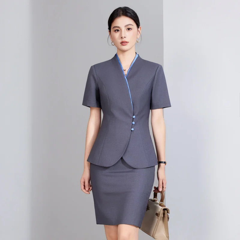 Hotel receptionist, flight attendant, customer service, front desk, summer short-sleeved professional suit, women's skirt and pa