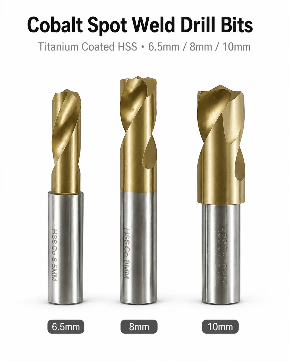 HSS Cobalt Spot Weld Drill Bit 6.5/8/10mm Titanium Coated Straight Shank Drill for Automotive Sheet Metal Removal
