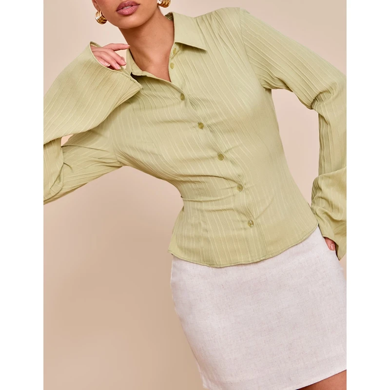 

Women's OL Striped Shirts Button-down Lapel Collared Slim Fit Tops Flare Long Sleeve Big Bow Tied Back Belted Blouse