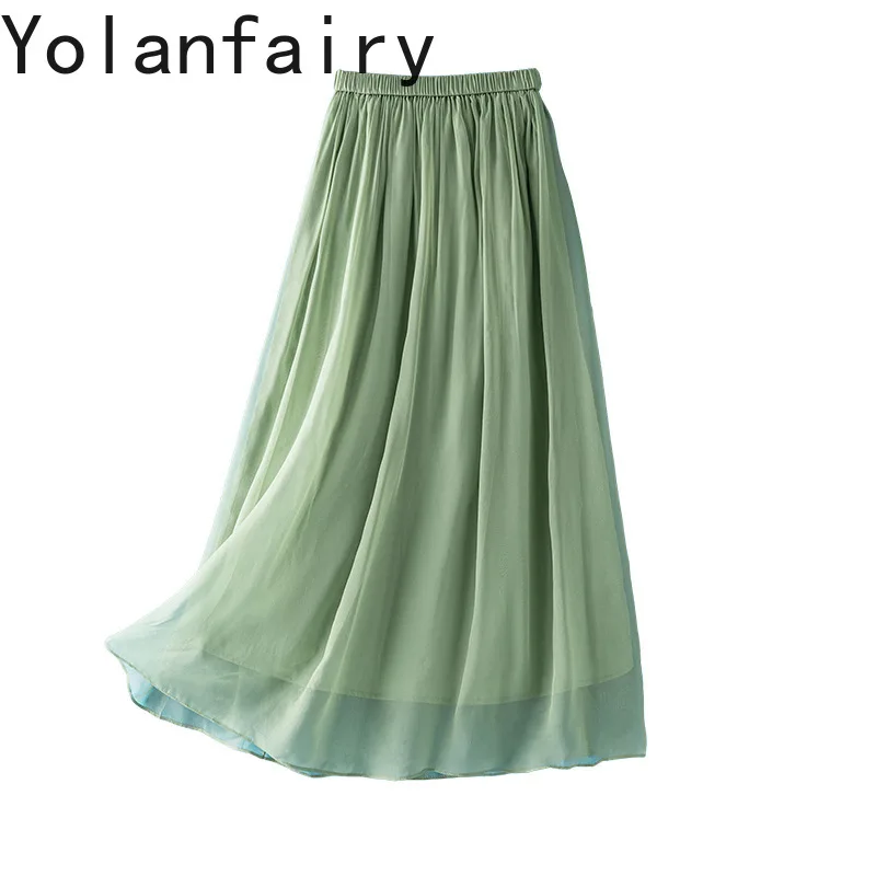 

YOLANFAIRY 100% Real Mulberry Silk Skirt for Women High Elastic Waist Green Skirts Long Woman Clothing Elegant Holiday Skirts