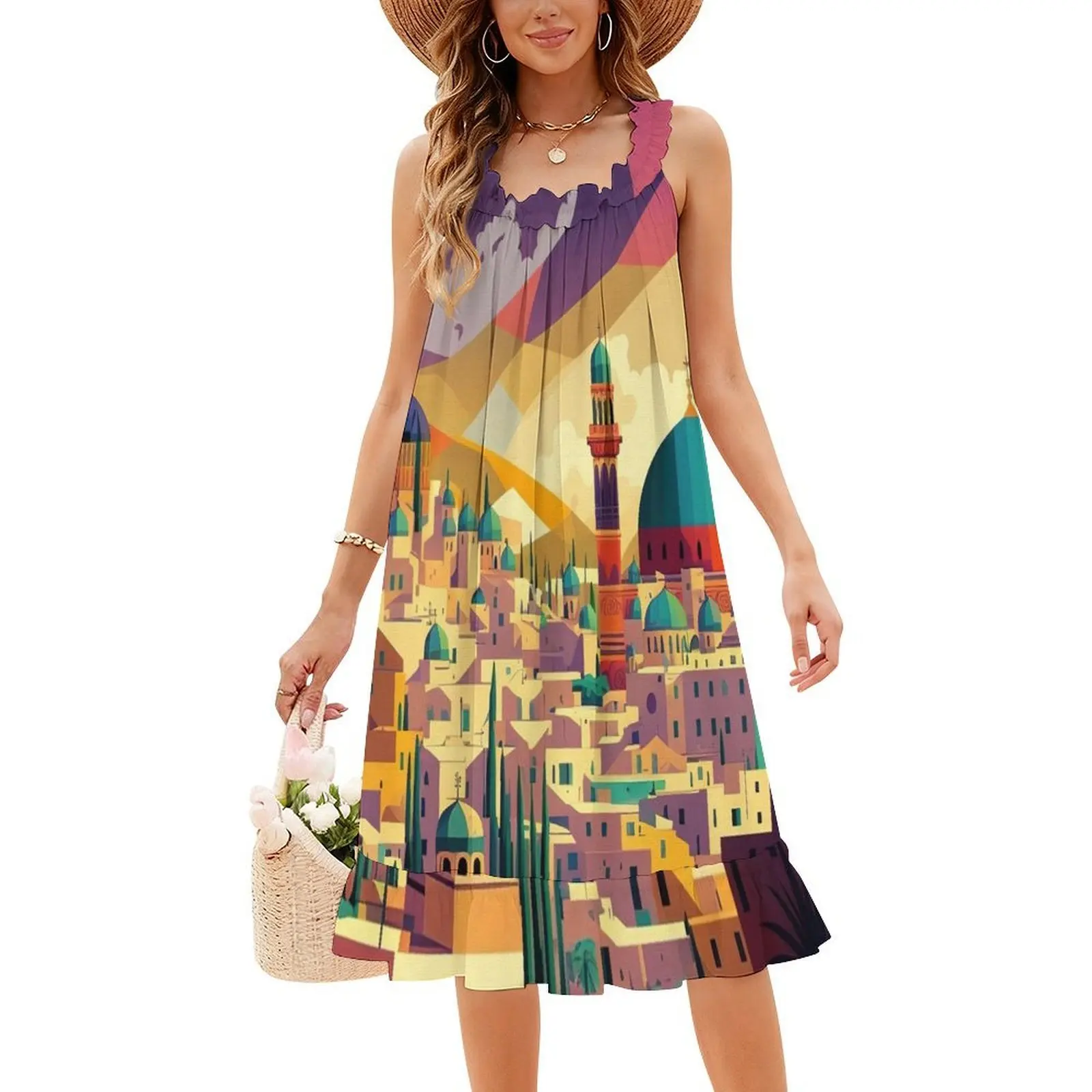 فستان Jerusalem Art بوهيمي بدون أكمام متعدد الطباعة لحفلات العطلات على الشاطئ، فستان Jerusalem Jerusalem Retro Jerusalem Womens #4