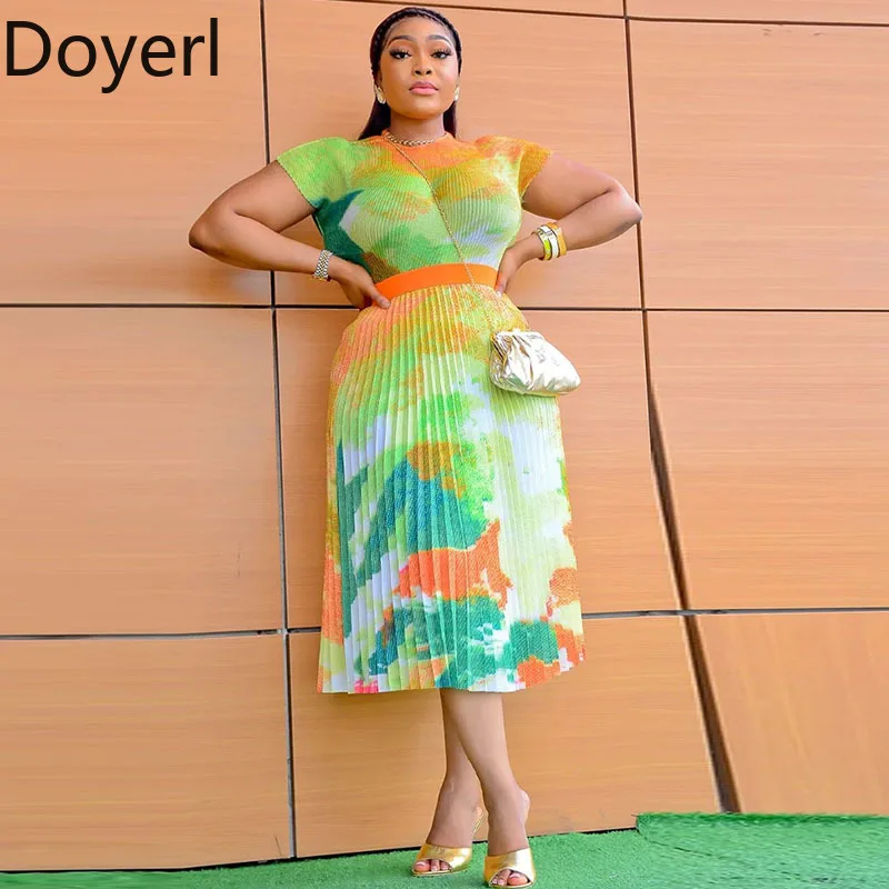 Ensemble deux pièces élégant pour femmes, tenues de printemps et d'été, petit haut à manches courtes + robe Maxi plissée taille haute, ensembles assortis