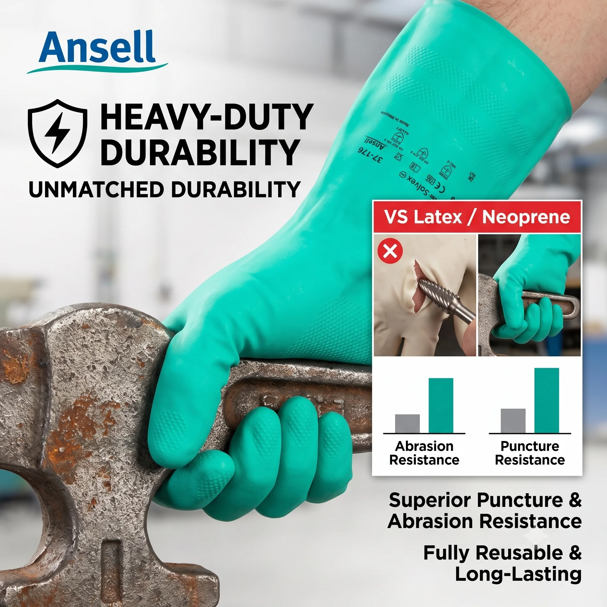 Ansell Slovex 37-176 Nitrile Gloves Heavy Duty Safety Work Medical Green Dark Oil Field Diesel Resistant Waterproof