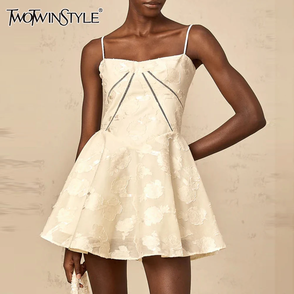 

TWOTWINSTYLE Solid Slimming Fashion Mini Dresses for Women Square Neck Sleeveless Patchwork Applique Dress Female Clothing New