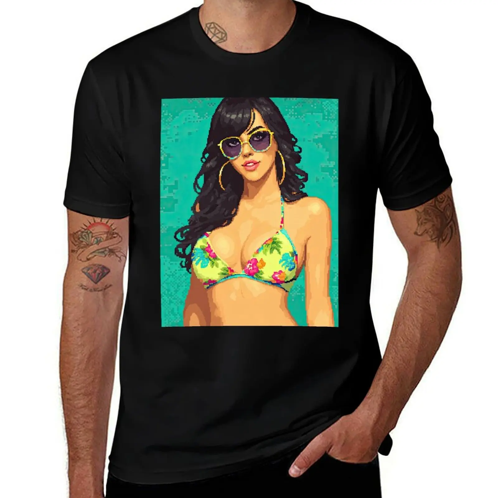 

Retro Beach Vibes with Bikini Pixel Art Star T-Shirt anime shirt Short sleeve tee sublime plain designer t shirt men