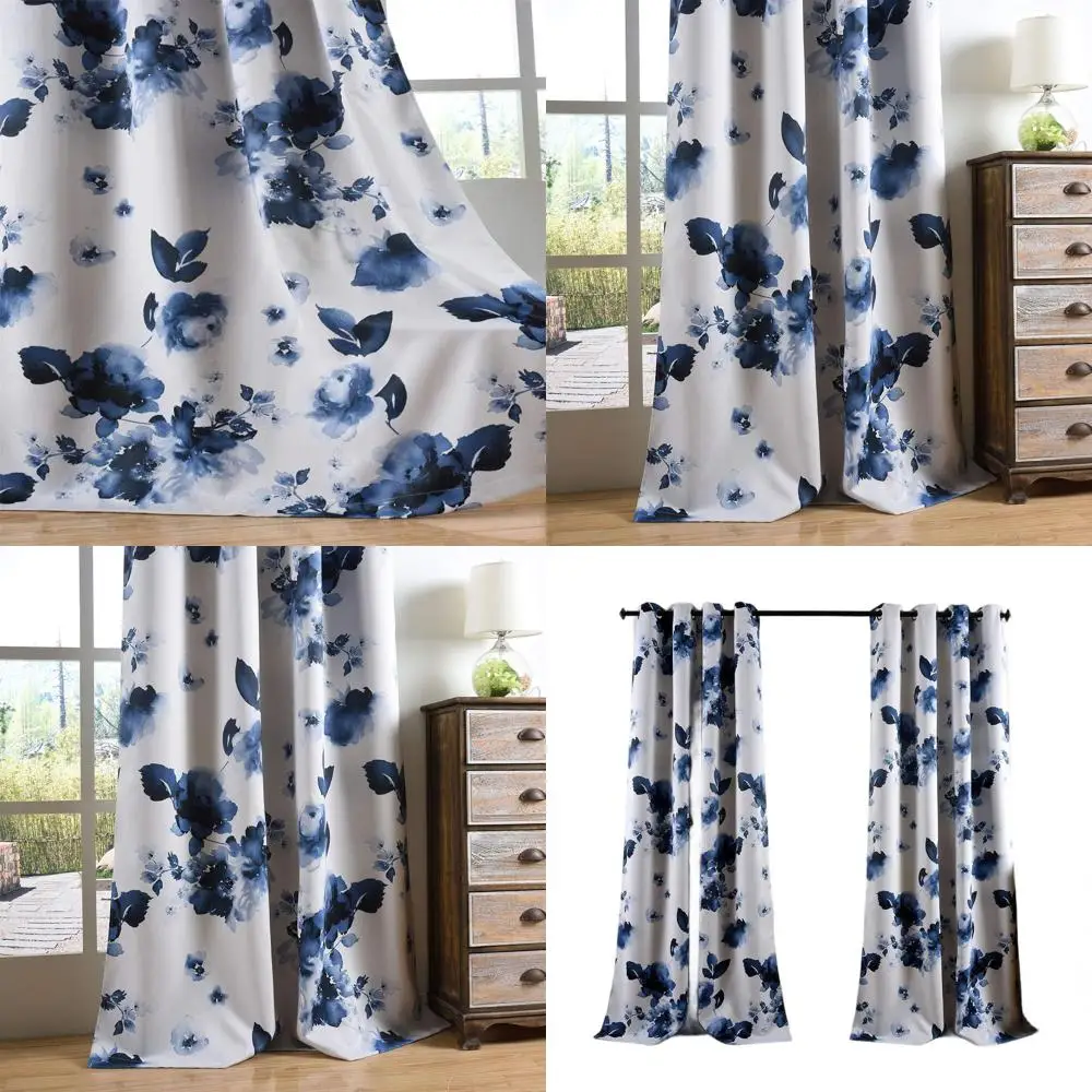 

Темные шторы с принтом в стиле китайской живописи тушью (95% синий) с изображением листьев и цветов для гостиной и спальни