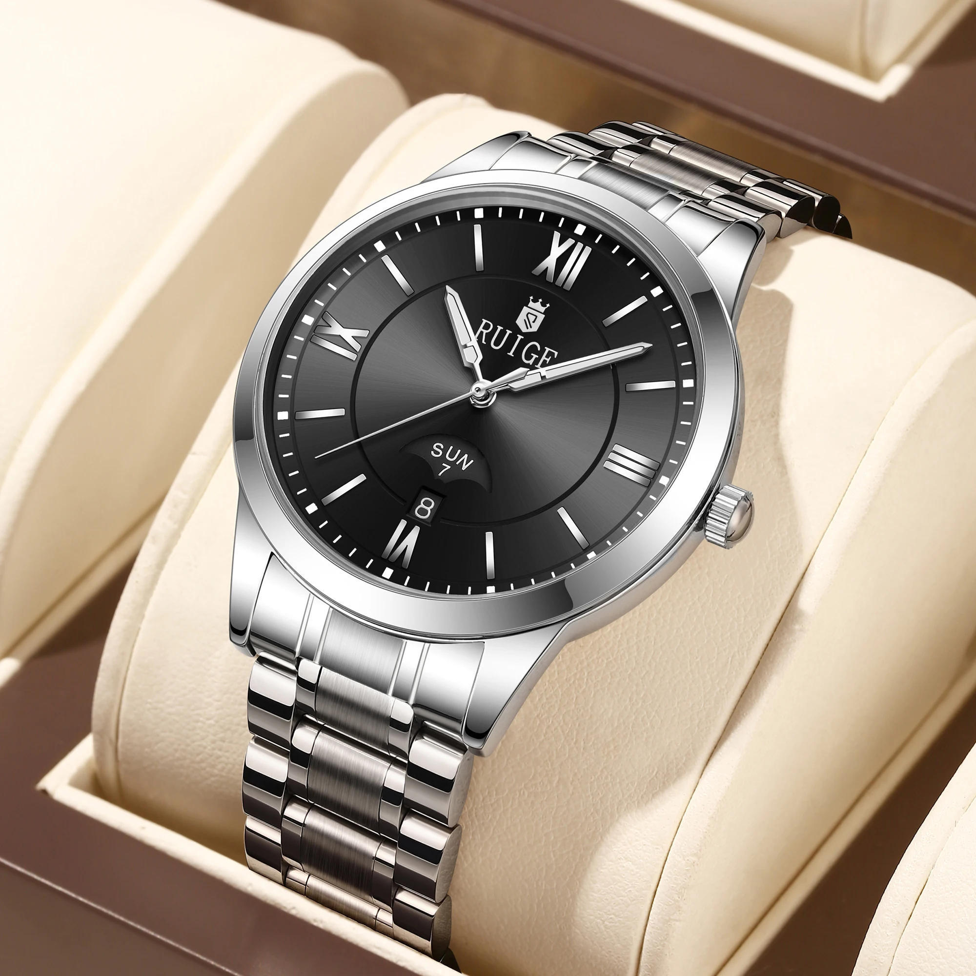 Reloj mecánico completamente automático RUIGE con calendario semanal para hombre, reloj versátil resistente al agua a la moda de acero inoxidable para hombre