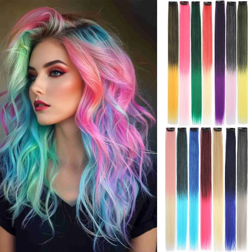

10pcs/pack Colored Party Highlights Clip in Hair Extensions for Girls 22 inches Multi-colors Straight Hair Synthetic Hairpieces
