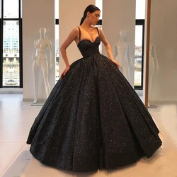Black Sequin Ball Gown Evening Dresses Sweetheart Straps Women Formal Party Gowns Sleeveless Puffy Prom Dress Robe De Soiree
