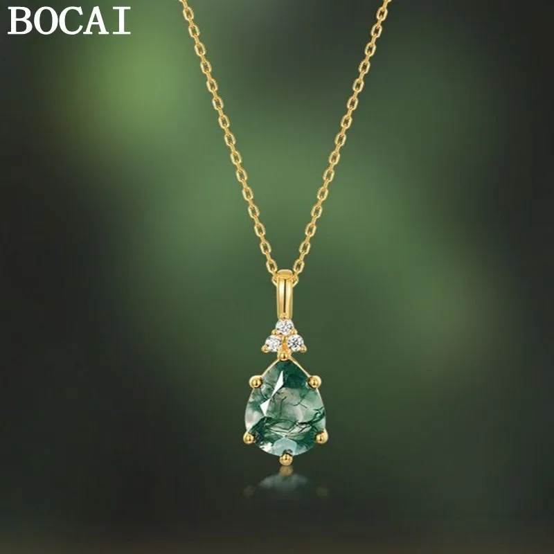 BOCAI New S925 Pure Silver Jewelry Simple And Luxurious Water Grass Agate Water Droplets Pendant Women's Selected Gift