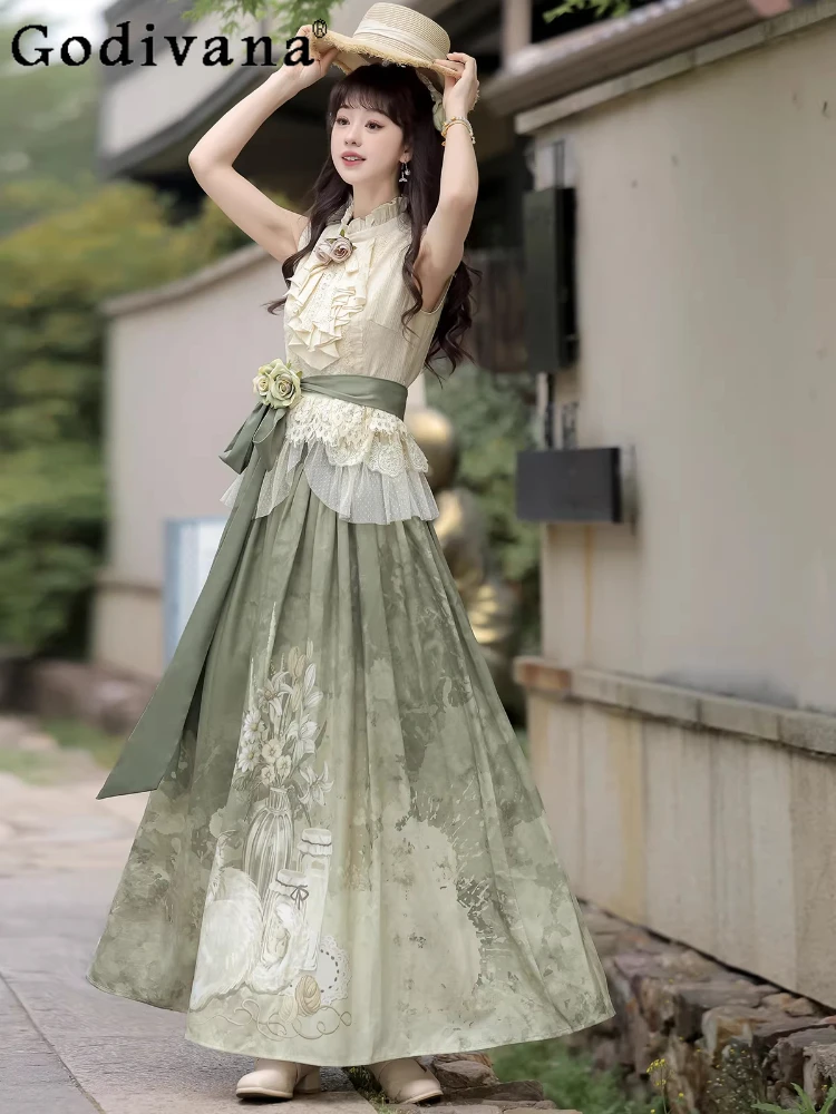 

Весна-лето 2026, новинка, милый китайский топ без рукавов с оборками и воротником-стойкой для девочек в стиле Лолиты, элегантная юбка трапециевидной формы с высокой талией и принтом