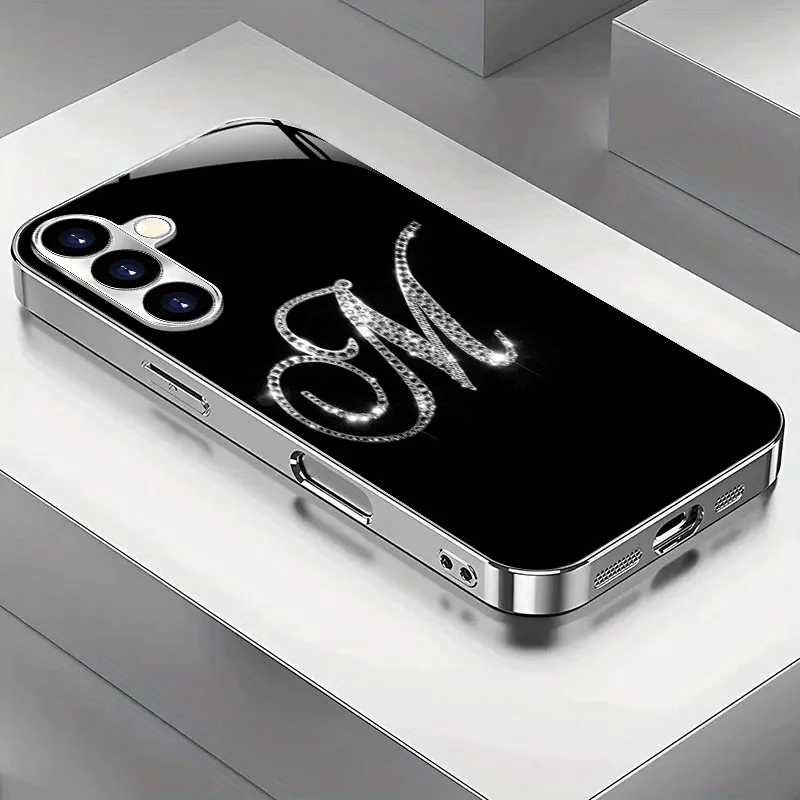 Diamond-shaped silver-plated phone case with English letter "M" for SamsungGalaxyS26 S25 S24 S23 S22 S20FE/Ultra/Plus anti Cover