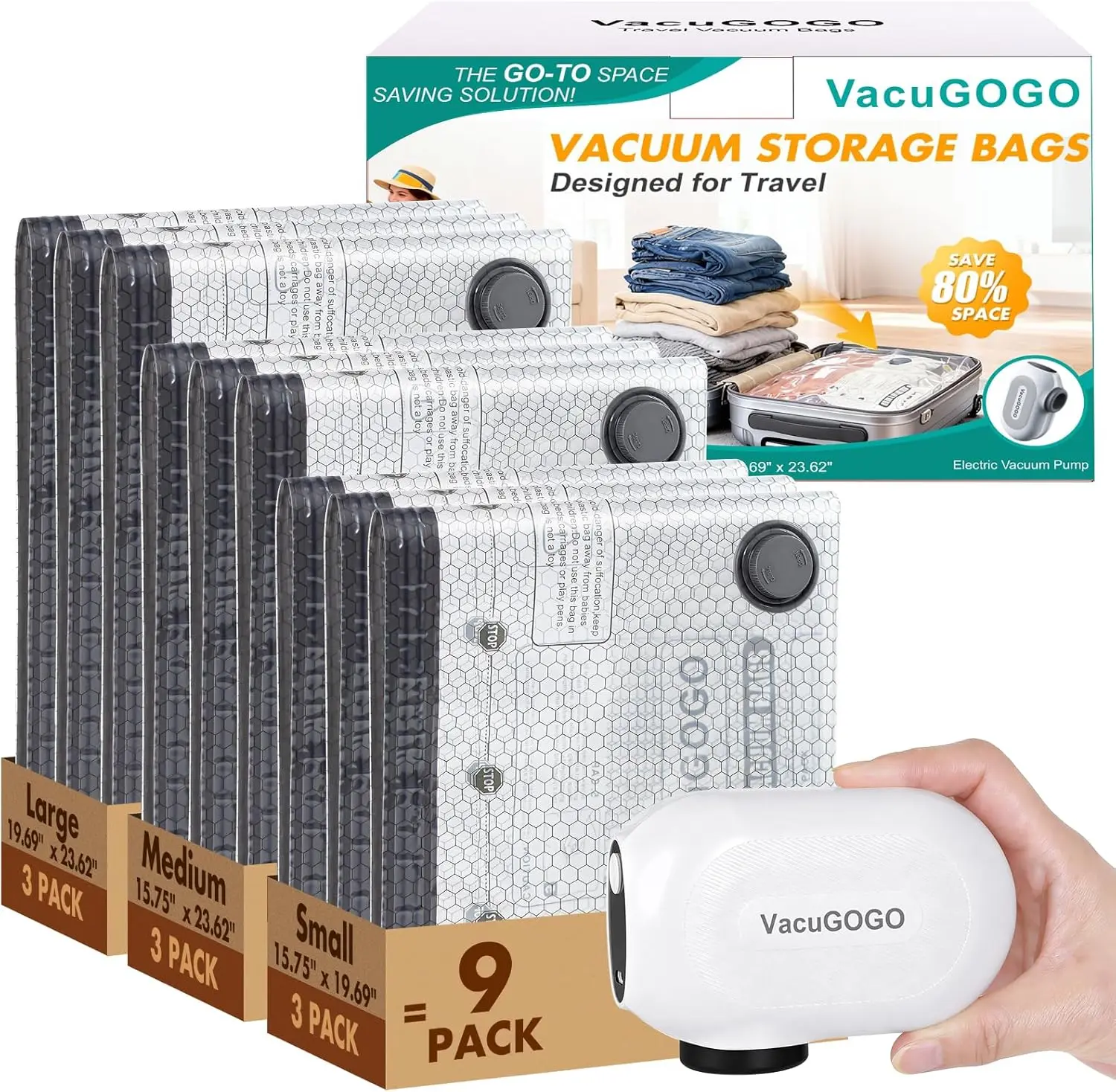 

Vacuum Compression Storage Bags with Pump Space Saver for Travel Clothing Pack of 9