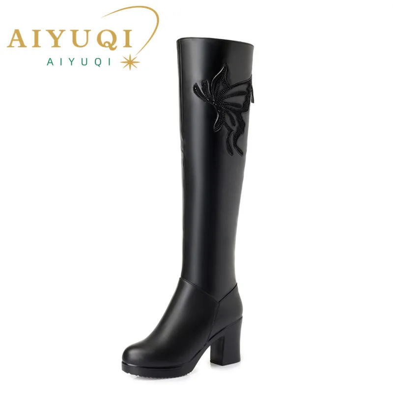 AIYUQI Women Knee High Boots 2024 New Winter Genuine Leather Plus Velvet Ladies Knight Boots Fashion Butterfly Long Boots Women