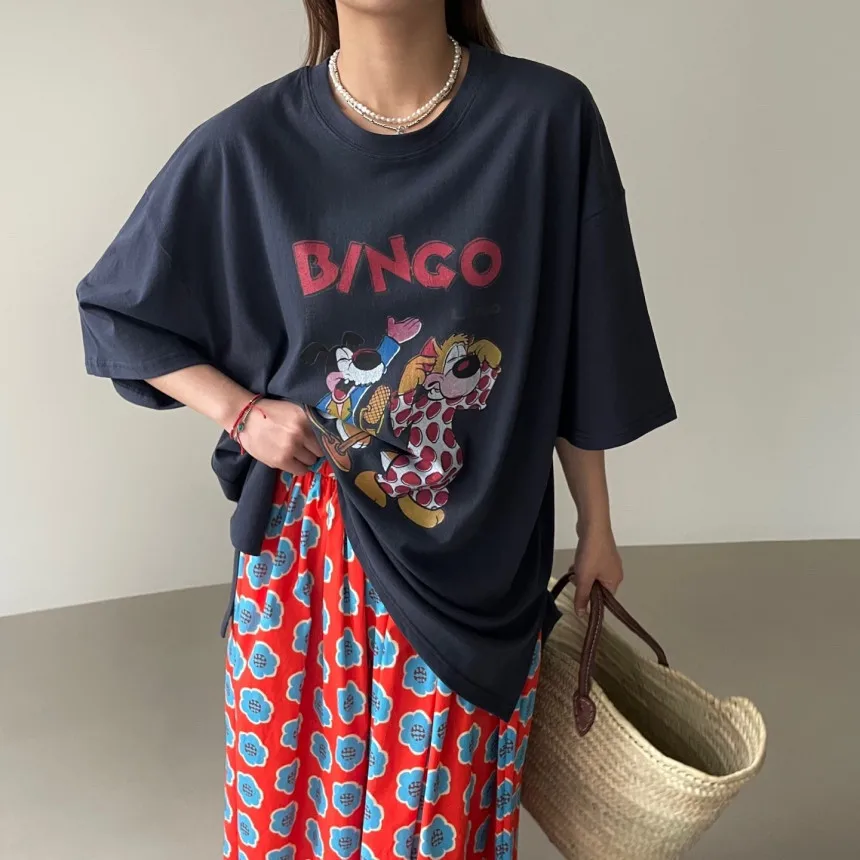 

Loose Printed Pattern ort Sve T-irt Versatile f-length Skirt Faionable Summer Outfit for Women Casual Wear