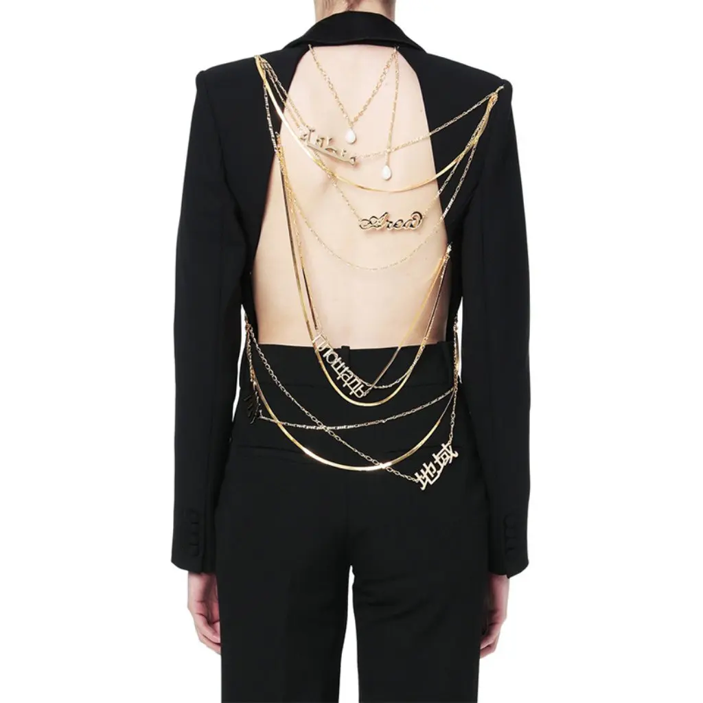 

Elegant V-Neck Backless Chain Blazer for Women Long-Sleeve European And American Style Commuter Design Summer Fashion