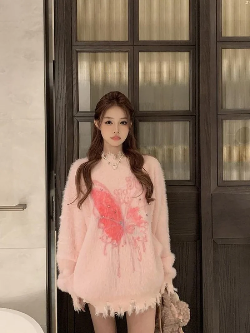 Spring Autumn Womens Butterfly With Rhinestone Soft Sweater Knit Pullover