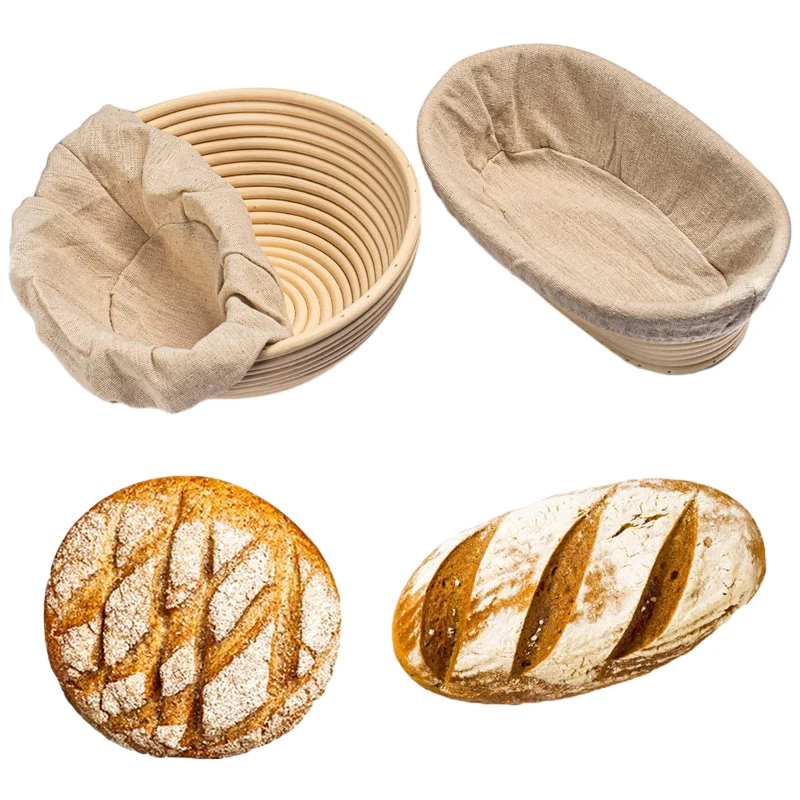 جولة أو البيضاوي Banneton مع بطانة الخبز التدقيق سلة سلال الروطان الطبيعية أواني الخبز سلال الخبز أدوات التخمير