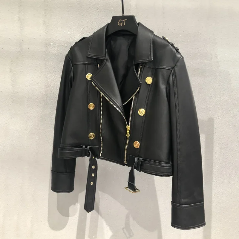 Women Coat Spring And Autumn Short Length Fashion Genuine Leather Jacket Double Breasted Turn-Down Collar Size M-XXL