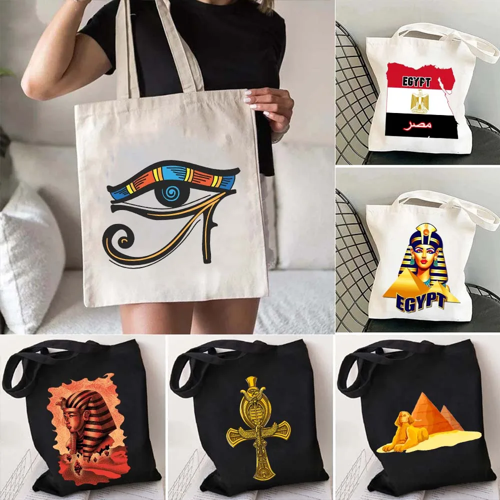 

Cairo Egypt Egyptian Eye Of Horus Pyramid Ankh Cross Flag Map Arabic Stamp Shopper Harajuku Canvas Tote Bag Cotton Cute Handbags