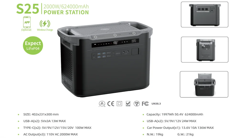 Portable 2000W 240V Power Station High Capacity Storage Battery Outdoor Use MPPT Solar Panel Car Power EU/US/AU Flashlight