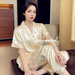 Korean Fashion Silk Pajamas Women Short-sleeved Top Pants Pajama Sets Print Loungewear Luxury Brand Sleepwear Women Clothing