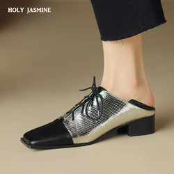 2024 New Fashion Metallic Microfibre Mixed Color Women Cow Leather Pumps Square Toe Thick Heels Classic Lace Up Casual Street