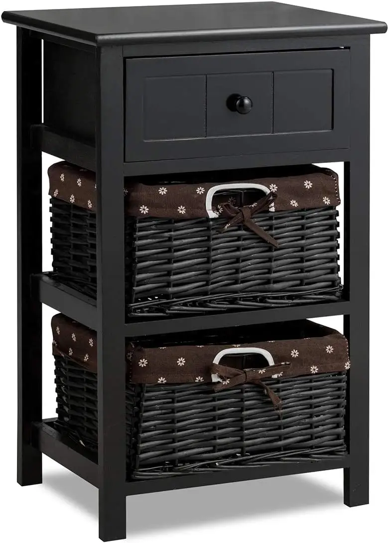 

Nightstand with Drawers Wooden, W/ 2 Baskets and Open for Bedroom, Bedside Sofa End (1, Black) Mesitas de cama Small dresser