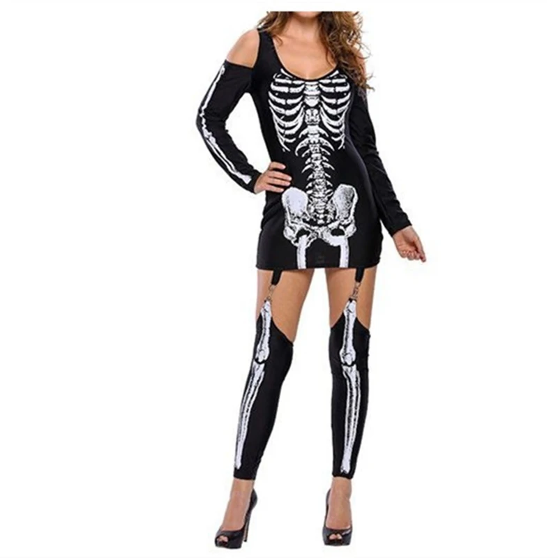 New Makeup Ball Skull Skeleton Print Sexy Off Shoulder Halloween Costume Dark Performance Dress