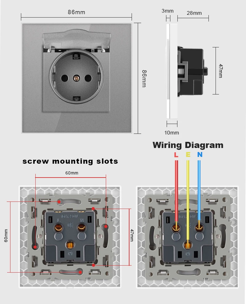 JHJCH wall mounted glass panel 16A power socket, EU standard multiple plugs, with waterproof cover and waterproof