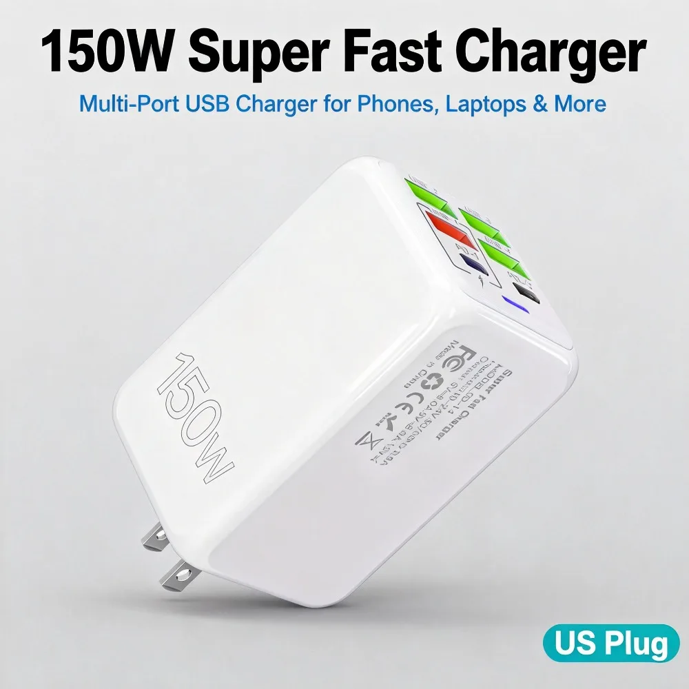 

Зарядное устройство Smart Fast Charging Block мощностью 150 Вт — зарядное устройство USB-C PD с автоматическим определением типа и защитой от перегрузок для iPhone, Samsung, iPad и других устройств