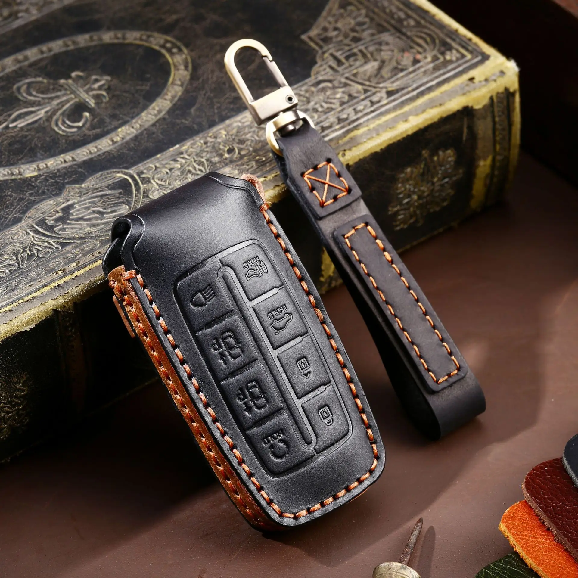 1pc Genuine Leather Car Key Cover Case Remote Key Holder Car Accessories Keychain for Hyundai Genesis G80 GV70 GV80 2019 2020