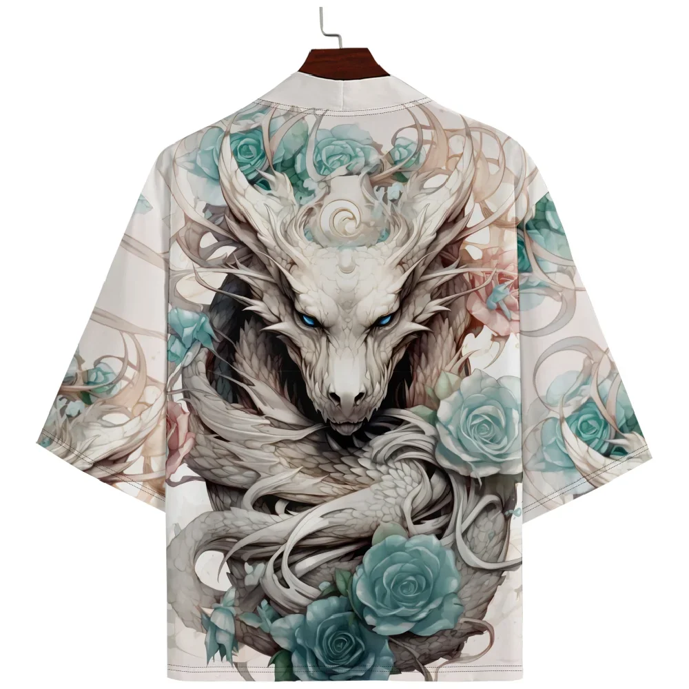 

Cosplay Kimono Anime Dragon Flowers Print White Cardigan Haori Women Men Yukata Japanese Harajuku Clothing Plus Size