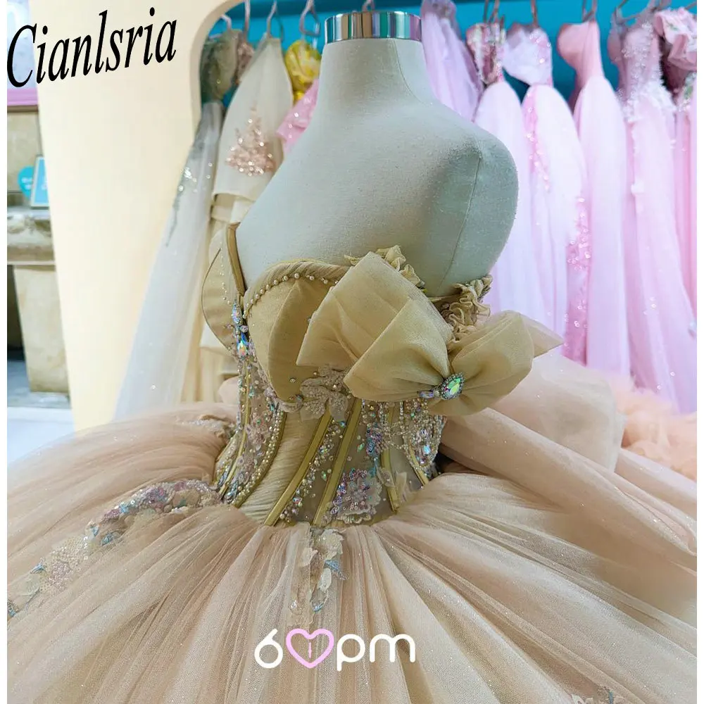 

Champagne Appliques Pearls Ball Gown Quinceanera Dresses Off The Shoulder Tulle Pleat Bow Sweet 15 Birthday 2026 Customized