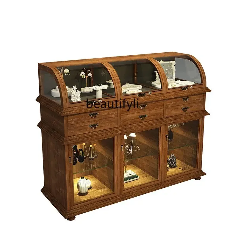 

Ancient Muxiang retro jewelry display cabinet, transparent display jewelry curved glass high cabinet customization