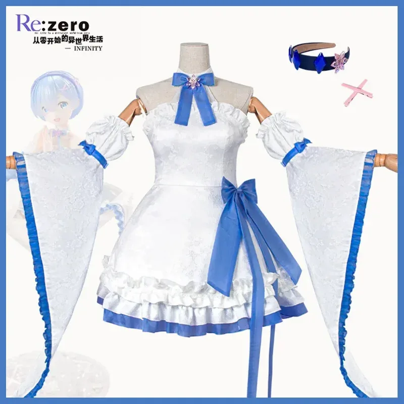 애니메이션 Re:제로부터 시작하는 이세계 생활 렘 코스프레 의상 화이트 스카이블루 메이드 드레스 2025 여성 귀여운 생일 파티 의상