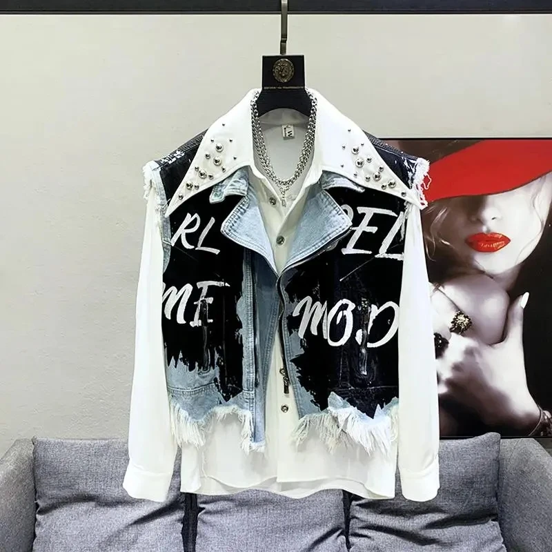 Unisex Denim Spliced Vest Graffiti Printed Contrast Color Vest Sleeveless Letters Zippers Waistcoat Jeans Jacket Rough Edge Tops