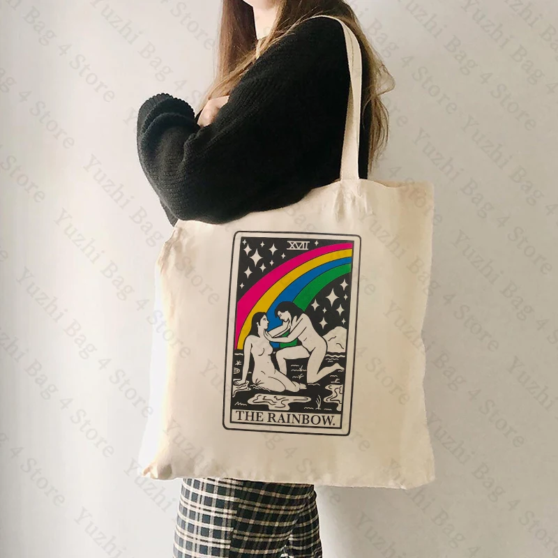 Lesbian Pride Tote Bag The Rainbow Beige Bags Rainbow Sapphic Tarot Card Bags Witchy WLW Tote Bags Queer Tarot Card Tote Bag