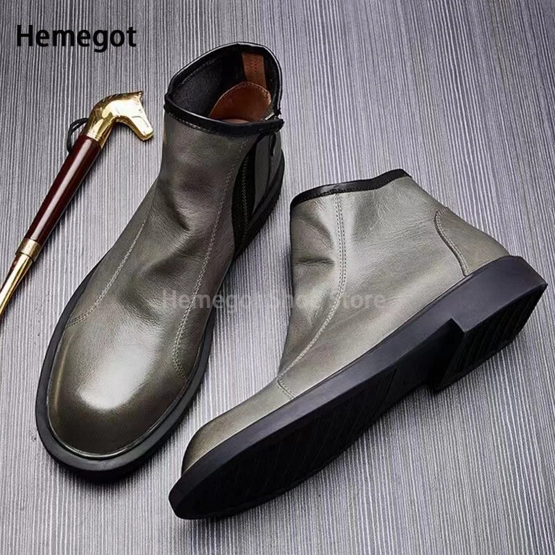 Mens Chelsea Boots Side Zipper Thick Bottom Leather Ankle Boots Luxury Design Male Footwear Round Toe Short Boots Autumn Winter