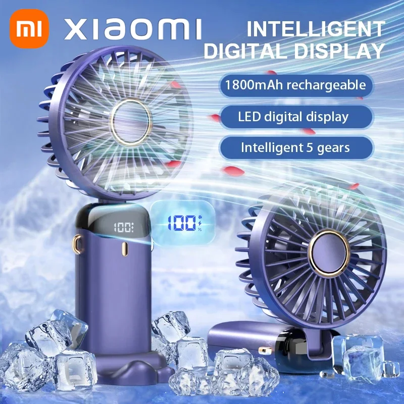 Xiaomi 1800mAh Handheld Mini Fan Foldable Portable Neck Hanging Fans 5 Speed USB Rechargeable Fan Phone Stand Display Screen New