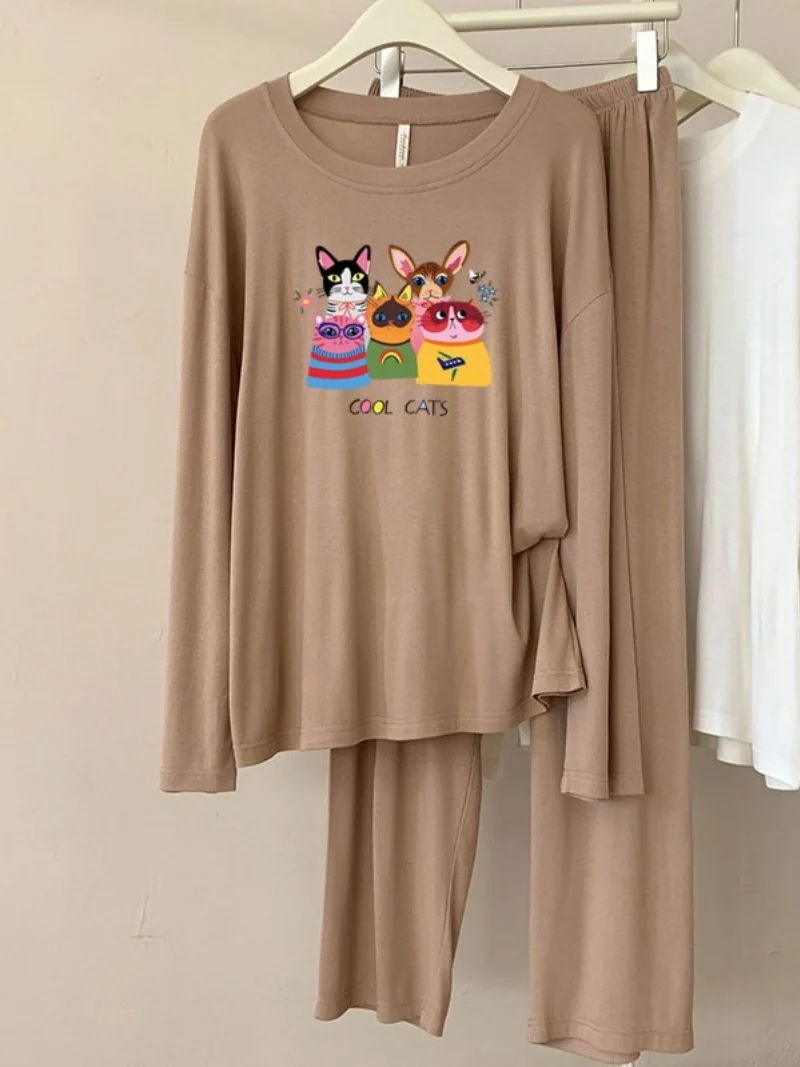 

A52 Modal Pajamas Women's Spring and Autumn New Casual Round Neck Long Sleeve Plaid Breathable Homewear Set