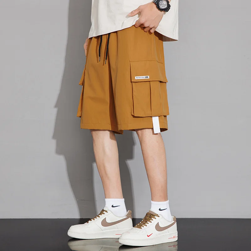 Safari Style Straight Loose Casual Shorts Men's Clothing Solid Color Basic Summer Drawstring Fashion Pockets Spliced Knee Pants