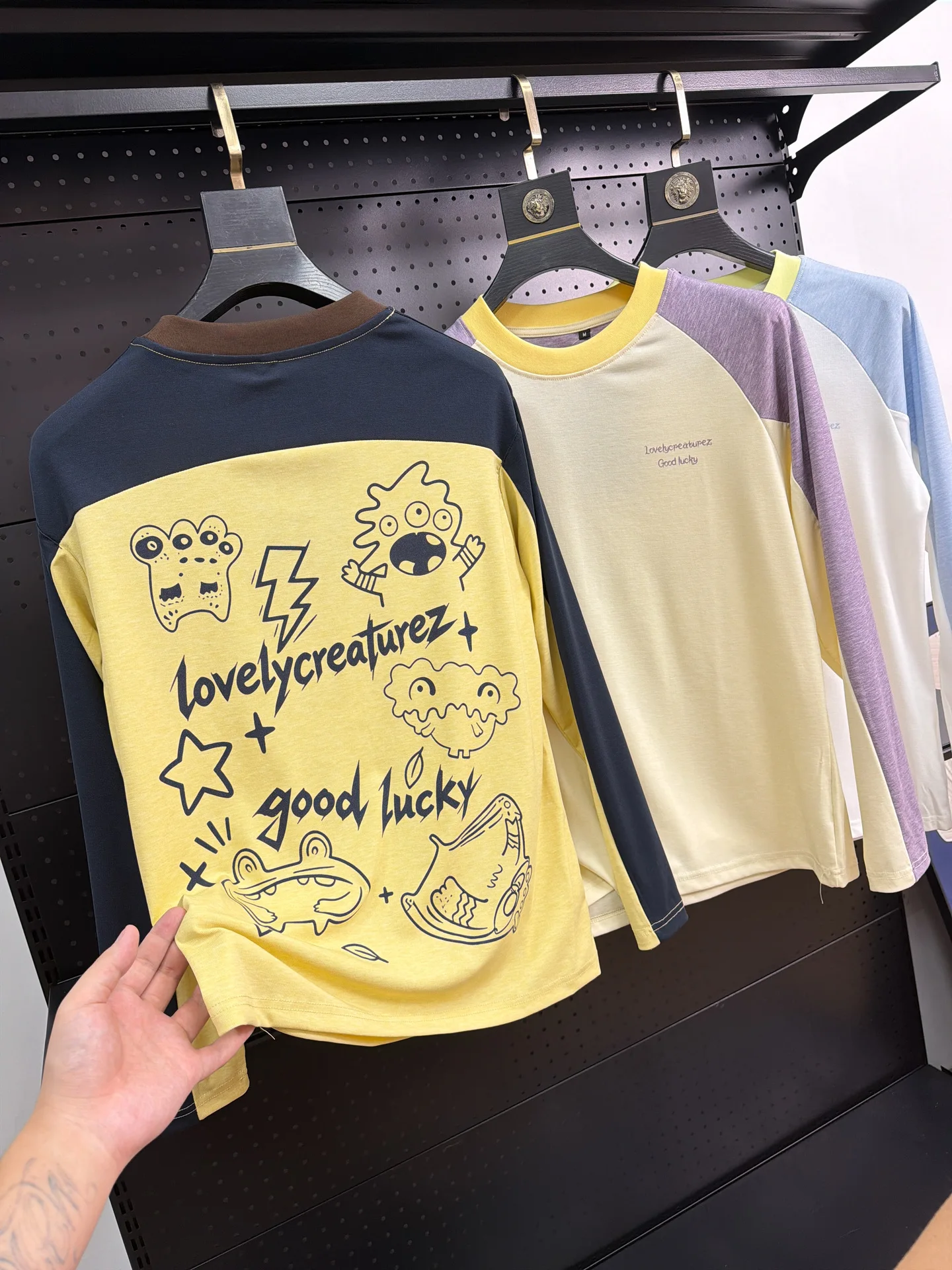 Couples Style Ruffle Lenzing T-Shirt Cartoon Print round Neck Color Block Base Shirt Fashionable Urban Long Sleeve Top