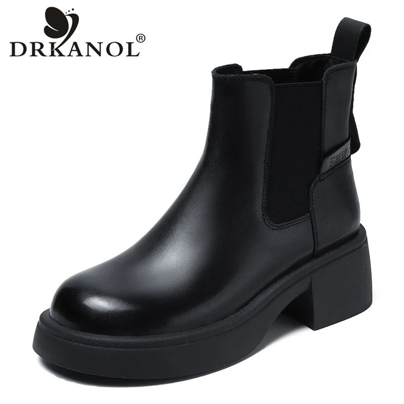 DRKANOL Luxury Design Genuine Cow Leather Chelsea Boots Women Thick High Heel Elastic Band Slip Autumn Winter Warm Ankle Boots