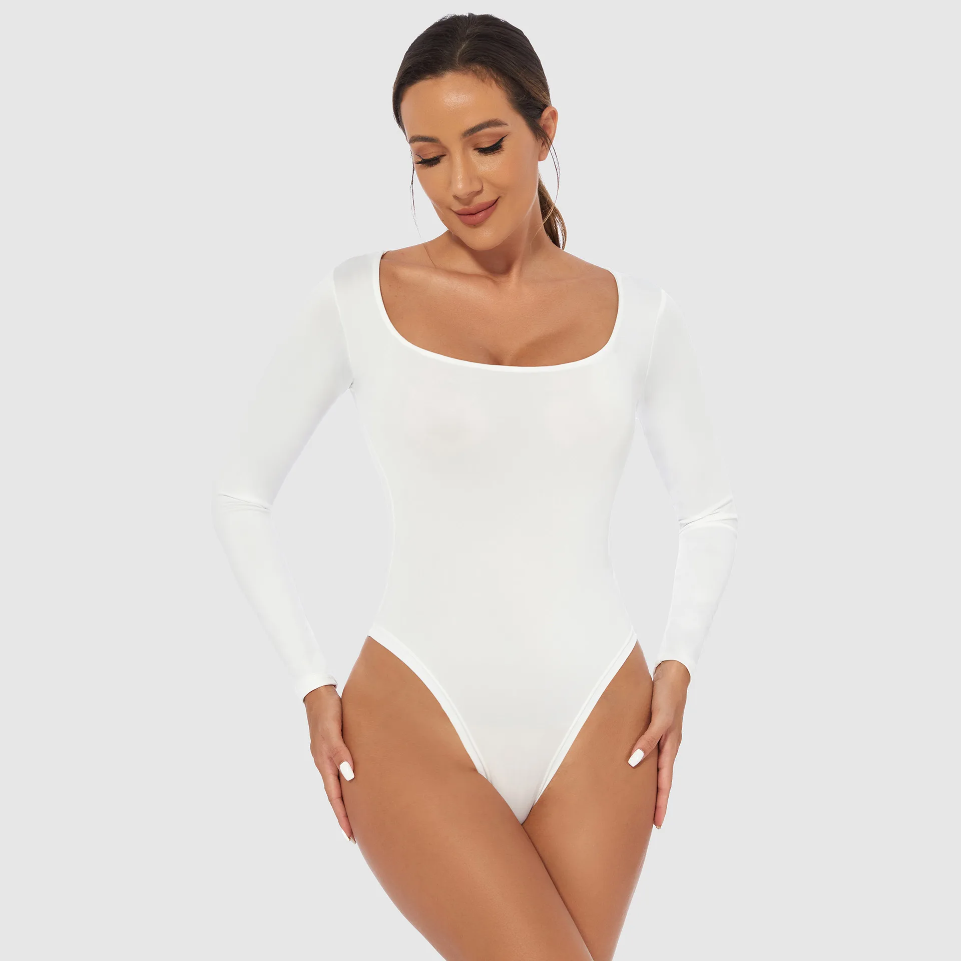 Plus Size Vrouwen Slim-fit Dieptepunt Bodysuit Lange mouwen vrouwen Jumpsuit Onesie Vrouwen Buik Shapewear Work Out kleding