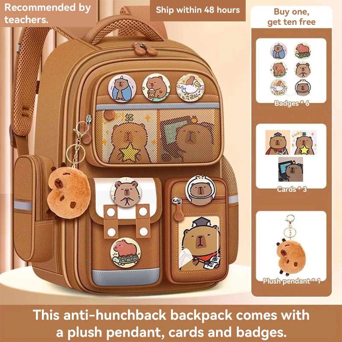 Waterproof Capybara Backpack Large Capacity Ergonomic Spine Protection Comfortable Wide Straps School College Bag for Students