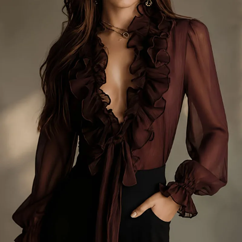 Greenora Elegant Women Solid Sheer Shirt Deep V Ruffled Lace Up Hollow Lantern Long Sleeve Tops Holiday Fall Bohemian Office Par