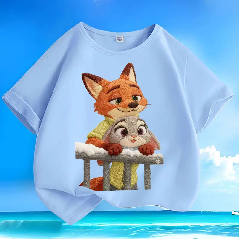 

Детская футболка с мультяшным принтом в конфетных цветах, 2026, из чистого хлопка, с принтом «Зверополис» (Ник и Джуди), для родителей и детей, с коротким рукавом